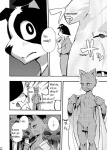 anthro blush canid canine canis clothing comic dialogue domestic_cat domestic_dog duo english_text felid feline felis harusuke hi_res japanese_text male mammal monochrome nude text undressing