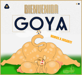 anthro big_breasts big_butt breasts butt female huge_breasts huge_butt mascot nipples orange_body pink_nipples solo tail text thick_thighs tongue tongue_out fih-art club_universidad_nacional liga_mx goya_(pumas_unam) cougar felid feline mammal absurd_res hi_res spanish_text