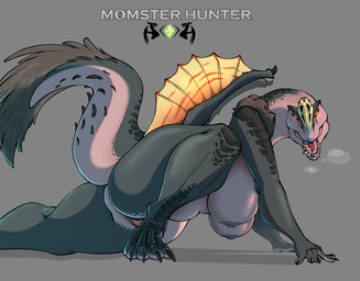 anthro areola biped blush breasts butt countershading eyelashes female genitals glistening glistening_body glowing glowing_eyes grey_background looking_at_viewer multicolored_body nipples non-mammal_breasts non-mammal_nipples nude pupils seductive simple_background solo tail text thick_thighs vulva arttukorppu capcom monster_hunter anjanath brute_wyvern dinosaur prehistoric_species reptile saurischian scalie theropod hi_res