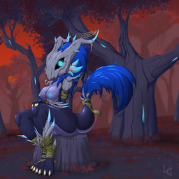 blue_hair blue_nipples blue_tail_tip claws dark_body dipstick_tail female forest genitals glowing glowing_eyes glowing_genitalia glowing_nipples hair looking_at_viewer markings nipples plant purple_body sitting stump tail tail_markings tree wood wooden_mask wrappings fuzzycogs kobold scalie 1:1 absurd_res hi_res huge_filesize