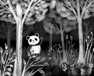 anthro black_body black_nose chibi detailed_background gesture kemono outside plant solo tree waving white_body araru bear giant_panda mammal 2021 hi_res monochrome