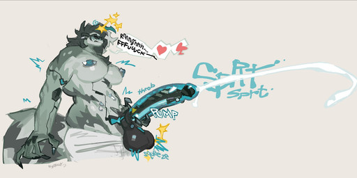 anthro areola balls big_balls big_breasts big_penis blue_nipples blue_penis bodily_fluids breasts claws cum cumshot ear_piercing ejaculation emanata genital_fluids genitals gynomorph heart_symbol huge_penis intersex looking_pleasured masturbation muscular muscular_anthro muscular_gynomorph muscular_intersex navel nipple_piercing nipples onomatopoeia penile penile_masturbation penis piercing robot_penis sound_effects sparkles text jeganzero canid canine mammal robot_anthro 2025 hi_res
