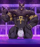 abs anthro areola biceps big_muscles black_areola black_body black_bottomwear black_clothing black_eyebrows black_nipples black_nose bottle bottomwear bulge clothing cocktail_glass container cup drinking_glass egyptian eyebrows fingers glass glass_container glass_cup gold_(metal) gold_jewelry gold_markings hand_on_hip holding_bottle holding_container holding_object inside jewelry looking_at_viewer male markings muscular muscular_anthro muscular_male nipple_piercing nipples pecs piercing purple_eyes smile smiling_at_viewer solo standing teeth wolfblack43 egyptian_mythology middle_eastern_mythology mythology anubis anubian_jackal canid canine canis deity jackal mammal digital_media_(artwork) hi_res