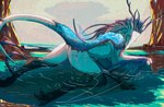 anthro bathing blakezarks blue_body bodily_fluids butt cel_shading cloud crystal detailed_background dragon drizzle european_mythology female full-length_portrait genital_fluids hair hi_res lady_seinardhyn lake licking looking_at_viewer marine mythological_creature mythological_scalie mythology outside peaceful pinup plant portrait pose purple_body queen raining raised_tail rear_view river royalty scalie shaded solo tail tail_motion tailwag teasing tongue tongue_out translucent translucent_wings tree water western_dragon white_body wings wyvern