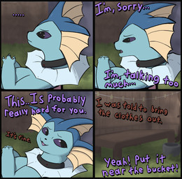 backyard bucket collar container dialogue kiddie_pool sad slave swimming_pool water poofythedragon nintendo pokemon eeveelution generation_1_pokemon pokemon_(species) vaporeon absurd_res comic hi_res
