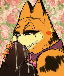 anthro big_penis bodily_fluids claws collar colored_nails cum cum_drip cum_from_nose cum_in_mouth cum_in_nose cum_inside cum_on_face cum_on_penis dripping duo fellatio floral_print genital_fluids genitals lock male male/male markings nails oral padlock penile penis red_eyes sex striped_markings stripes tears yonnixart garfield_(series) garfield_the_cat domestic_cat felid feline felis mammal absurd_res hi_res