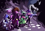 anthro axe bicycle clothing eyewear female footwear glasses group hair heart_symbol male melee_weapon open_mouth tongue tongue_out vehicle weapon elinapires deltarune undertale_(series) king_spade kris_(deltarune) lancer_(deltarune) ralsei susie_(deltarune) bovid caprine goat human mammal scalie 2018 hi_res signature