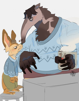 anthro blush clothing container cup duo frown kiss_on_nose kissing male male/male size_difference standing_on_stool sweater topwear hahars disney zootopia antony_snootley finnick_(zootopia) anteater canid canine fennec_fox fox giant_anteater mammal pilosan true_fox xenarthran hi_res