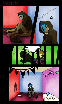 bound chain chained claws clothed clothing collar hoodie mask pantsless paws prison_bars sitting solo speech_bubble tail tail_tuft text topwear tuft puppetmaster13uwu human humanoid mammal partypooper_(the_backrooms) cel_shading comic shaded