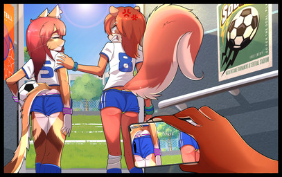 adolescent ambiguous_gender angry anthro ball big_tail biped black_border border bottomwear butt cellphone clenched_teeth clothed clothing countershade_butt countershade_face countershading cross-popping_vein day electronics eyes_closed female first_person_view fluffy fluffy_tail gloves_(marking) group hair holding_ball holding_cellphone holding_object holding_phone holding_smartphone long_hair looking_at_another looking_at_viewer looking_back looking_back_at_another looking_back_at_viewer markings outside panties phone pink_clothing pink_panties pink_underwear red_hair school_uniform shirt shorts smartphone soccer_ball soccer_uniform sportswear standing tail taking_picture tan_body teeth topwear trio underwear uniform whiskers white_body white_clothing white_countershading white_markings white_shirt white_topwear young young_anthro young_female cesar23 cherish_(cesar23) domestic_cat felid feline felis mammal rodent sciurid tree_squirrel 2025 absurd_res hi_res story story_in_description