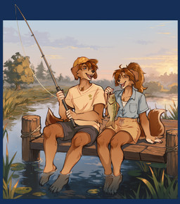 anthro bottomwear brown_body brown_fur brown_hair claws clothing duo female finger_claws fishing fishing_rod foot_in_water fur hair hat headgear headwear lily_pad male nature_background open_mouth open_smile outside partially_submerged pier plant ponytail shirt shorts sitting smile tail teeth toe_claws topwear water lausig aquatic canid canine canis domestic_dog fish mammal alpha_channel digital_media_(artwork) hi_res