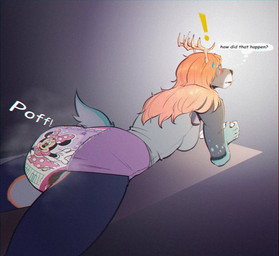 anthro blush clothed clothing diaper feces female fur hair looking_back lying on_front pooping pull-ups_(diaper) soiled_diaper soiling soiling_diaper solo tail text unclean_diaper used_diaper using_diaper wearing_diaper syeenyeen huggies deer mammal digital_media_(artwork) english_text hi_res