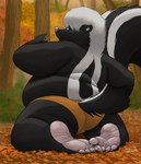 anthro autumn black_body black_fur bulge butt clothing countershade_feet countershading detailed_background feet fur humanoid_hands leaf male outside overweight overweight_male plant soles solo tree underwear white_body white_fur dj-rodney mammal mephitid skunk 2021 hi_res