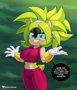 anthro blue_eyes breasts clothed clothing cosplay crossover_cosplay ear_piercing ear_ring fangs female fur green_body green_fur hair happy looking_at_viewer multicolored_body multicolored_fur piercing ring_piercing smile smiling_at_viewer solo spiky_hair surgical_suture tail teeth two_tone_body two_tone_fur byghosteduard idw_publishing sega sonic_the_hedgehog_(comics) sonic_the_hedgehog_(idw) sonic_the_hedgehog_(series) kefla surge_the_tenrec afrosoricid mammal tenrec absurd_res crossover hi_res