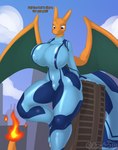 anthro big_breasts breasts building city clothing day dialogue female fire flaming_tail horn inside_clothing landscape_dwarfing macro membrane_(anatomy) membranous_wings nipple_outline non-mammal_breasts outside pokemorph skinsuit sky smile smirk solo tail tight_clothing wings zero_suit aradortd metroid mythology nintendo pokemon chari-gal charizard dragon generation_1_pokemon mythological_creature mythological_scalie pokemon_(species) scalie hi_res