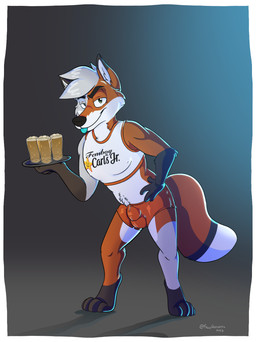 alcohol anthro athletic bedroom_eyes beer beverage big_tail blep blue_eyes body_hair bottomwear bulge clothed clothing crop_top detailed_bulge digitigrade dipstick_ears dipstick_tail ear_markings fur genital_outline gloves_(marking) gradient_background green_eyes grey_body grey_fur happy_trail heterochromia hotpants leg_markings male markings multicolored_ears narrowed_eyes orange_body orange_fur seductive sheath_outline shirt shorts simple_background socks_(marking) solo tail tail_markings tight_clothing tongue tongue_out topwear unusual_fur_pattern waiter coolskeltal95 ruka_fawkes canid canine fox mammal true_fox absurd_res digital_media_(artwork) hi_res shaded
