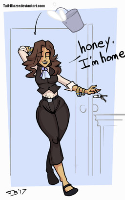 belt bottomwear breasts brown_hair bucket clothing container dialogue door eyes_closed female footwear hair hand_behind_head human_only keyring milk not_furry pants shoes smile solo text tail-blazer human mammal 2017 5:8 digital_media_(artwork) english_text url