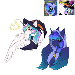 bangs blue_hair choker cloak clothed clothing costume duo feathered_wings feathers female feral fur hair halloween_costume hat headgear headwear holidays hood_up horn jewelry magic magic_user multicolored_hair necklace smile text unicorn_horn white_body wings witch witch_hat siatikas friendship_is_magic halloween hasbro my_little_pony my_little_pony:_magic_princess mythology nightmare_night_celestia nightmare_night_luna princess_celestia_(mlp) princess_luna_(mlp) equid equine mammal mythological_creature mythological_equine winged_unicorn 1:1 absurd_res digital_media_(artwork) hi_res