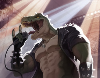 abs alternative_fashion anthro bodily_fluids clothing concert dog_tag_necklace drooling electronics horn jacket leather leather_clothing leather_jacket leather_topwear male male_anthro metal metalhead microphone mouth_shot muscular muscular_anthro muscular_male music nipples open_mouth pecs performance roaring rocking_out saliva scar shirtless shirtless_anthro shirtless_male singer solo spikes stage stare teeth tongue tongue_out topwear hoffersanchez rocco_(tallion) dinosaur prehistoric_species reptile saurischian scalie theropod tyrannosaurid tyrannosauroid tyrannosaurus tyrannosaurus_rex digital_media_(artwork) full-length_portrait headshot_portrait hi_res portrait