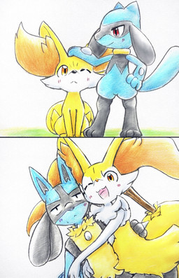 age_progression ambiguous_gender anthro blush blush_lines bodily_fluids duo featureless_crotch feral fluffy fluffy_tail fur grey_body grey_fur happy hug inner_ear_fluff looking_at_viewer multicolored_body object_in_tail one_eye_closed open_mouth orange_body orange_eyes orange_fur paws red_eyes simple_background sitting spikes spikes_(anatomy) stick stick_in_tail sweat tail tongue tuft white_body white_fur yellow_body yellow_fur eiroru nintendo pokemon braixen canid canine fennekin generation_4_pokemon generation_6_pokemon lucario mammal pokemon_(species) riolu 2026 colored_pencil_(artwork) comic graphite_(artwork) hi_res traditional_media_(artwork)