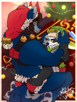 bell christmas_clothing christmas_headwear clothing duo elf_costume gear harness hat headgear headwear holidays humanoid_pointy_ears male plant pointy_ears santa_hat size_difference tree wrapping_paper mrdarknesswolf christmas mythology mrdarknesswolf_(character) roquemapache canid canine canis demon hybrid mammal mythological_canine mythological_creature procyonid raccoon werecanid werecanine werecreature werewolf wolf 3:4 hi_res