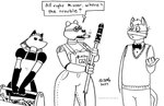 2023 anthro bandage bear breasts canid canine cigar cleavage clothed clothing dialogue dildo domestic_cat english_text eyewear felid feline felis female fox goggles group machine maid_uniform male mammal monochrome overalls_only robot robota_(tegerio) roocat_(character) sex_toy tegerio text toolbox trio uniform