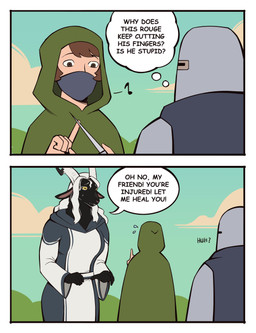 2_horns anthro armor black_body black_fur blood bodily_fluids cleric clothed clothing dagger dialogue female female_anthro fully_clothed fur group hair headgear helmet hooded_cloak horizontal_pupils horn knight larger_anthro larger_female male male_human mask melee_weapon plate_armor pupils robe size_difference speech_bubble text trio warrior weapon white_hair wounded yellow_eyes bonnymama7 goat_cleric bovid caprine goat human mammal absurd_res comic english_text hi_res