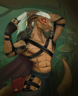 accessory anthro bag biped cape clothed clothed_anthro clothed_male clothing curved_horn forest forest_background fur_cape fur_clothing furgonomics furry-specific_piercing hair horn horn_piercing jewelry long_hair male male_anthro muscular muscular_male nature nature_background piercing plant pose red_eyes red_sclera scales solo straps tail tail_accessory tail_bag teeth three-quarter_view tree white_hair ksatti dungeons_and_dragons hasbro wizards_of_the_coast lizardfolk_(dnd) lizardman scalie 2024 digital_drawing_(artwork) digital_media_(artwork) hi_res portrait shaded soft_shading three-quarter_portrait