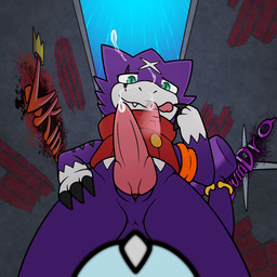 animal_genitalia anthro bodily_fluids butt claws erection first_person_view genital_fluids genital_slit genitals looking_at_viewer looking_down low-angle_view male penis public public_erection public_nudity shaking_penis smile solo tail taunting taunting_partner worm's-eye_view ferzdracroc bandai_namco digimon digimon_(species) gumdramon reptile scalie veemon 1:1 digital_media_(artwork) hi_res