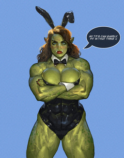 abs abstract_background bare_shoulders big_breasts blue_eyes bow_(feature) bow_in_front bow_tie breasts bunny_costume cleavage clothed clothing costume crossed_arms dialogue eyebrows eyelashes fake_ears fake_rabbit_ears female female_humanoid green_body green_hair green_skin hair humanoid_pointy_ears leotard lipstick long_hair looking_at_viewer makeup muscular muscular_female not_furry pointy_ears shirt_collar shirt_cuffs solo speech_bubble spread_legs spreading standing strapless_clothing strapless_leotard text tight_clothing tusks justsomenoob humanoid orc 2023 english_text hi_res