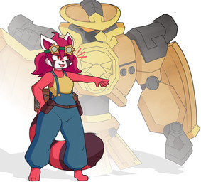 anthro armor backpack clothing eyewear eyewear_on_head female fur goggles goggles_on_head hair machine mecha overalls overalls_only power_armor red_body red_eyes red_fur red_hair solo tail poisonmirror gunfire_reborn iron_wing_(gunfire_reborn) nona_(gunfire_reborn) ailurid avian bird chicken galliform mammal phasianid red_panda absurd_res hi_res
