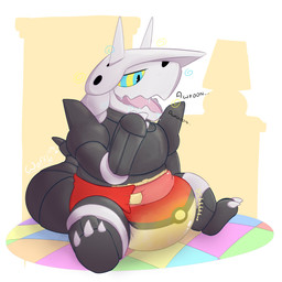 ambiguous_gender anthro bodily_fluids claws clothed clothing diaper diaper_only drooling finger_claws furniture genital_fluids grey_body grey_tail head_spikes hypnosis lamp mind_control open_mouth open_smile pokeball pokeball_diaper pokemon_speak ringed_eyes saliva sharp_teeth silhouette silhouette_background simple_background sitting smile solo sound_effects spikes spikes_(anatomy) spiral tail teeth text toe_claws topless unclean_diaper urine used_diaper using_diaper vowelless vowelless_sound_effect wearing_diaper wet_diaper wetting wetting_diaper woffleboom nintendo pokemon aggron generation_3_pokemon pokemon_(species) 1:1 2025 absurd_res hi_res