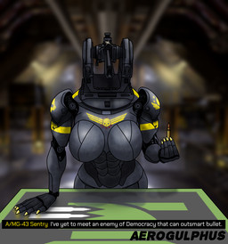 abs anthro armor athletic athletic_female breasts bullet colored_nails featureless_breasts female gun holding_object leaning leaning_forward leaning_on_table machine markings metallic_body nails pauldron ranged_weapon reference_to_character sentry skull_symbol solo text videogame_setting weapon yellow_markings yellow_nails aerogulphus helldivers helldiver animate_inanimate living_gun living_machine living_ranged_weapon living_weapon artist_name