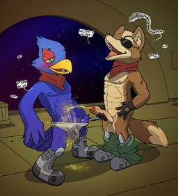 abs anthro athletic athletic_anthro athletic_male beak biceps blue_body blue_feathers blush bodily_fluids boots bottomwear bottomwear_down briefs brown_body brown_fur bulge clothed clothing duo eyewear feathers footwear fur genital_fluids genitals male male/male mostly_nude navel pants pants_around_ankles pants_down pantsless pantsless_male partially_clothed peeing peeing_on_another penis shoes sunglasses text tighty_whities topless topless_male underwear underwear_only urine urine_stream v-cut watersports wetting white_briefs white_clothing white_underwear y-fronts argon_vile nintendo star_fox falco_lombardi james_mccloud avian canid canine fox mammal english_text hi_res
