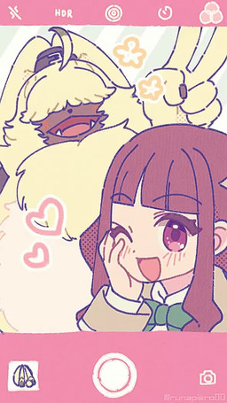 anthro blush brown_hair cellphone duo electronics female fur gesture hair hair_over_eyes hand_gesture heart_symbol long_ears male one_eye_closed phone ponytail_ears selfie smartphone smile v_sign wink yellow_body yellow_fur runapiero00 bandai_namco digimon digimon_ghost_game ruri_tsukiyono angoramon digimon_(species) human mammal animated no_sound short_playtime video