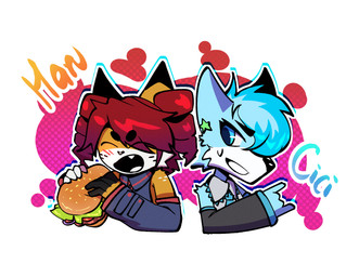 accessory anthro armwear blue_body blue_fur blue_hair blush blush_lines burger clothing cosplay dotted_background duo eating eating_food female food fur gradient_background hair holding_food holding_object male necktie pattern_background red_hair simple_background smile toothy_grin toothy_smile white_background harucat utau vocaloid yamaha_corporation harucat_(harucat) hatsune_miku kasane_teto domestic_cat felid feline felis mammal hi_res