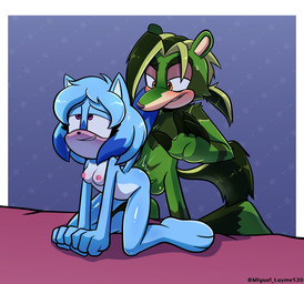 anthro blue_body blue_fur butt_slap duo female from_behind_position fur green_body green_fur interspecies kneeling looking_pleasured male male/female sex slap miguel_layme sega sonic_the_hedgehog_(series) candy_the_cat fan_character raul_the_anteater anteater felid feline mammal pilosan xenarthran hi_res