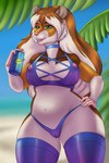 5_fingers anthro beach beverage beverage_can bikini blue_bikini blue_clothing blue_stripes blue_swimwear breasts brown_body brown_fur brown_hair camel_toe cleavage clothed clothing eyelashes female fingers fur green_eyes hair hand_on_hip holding_beverage holding_object legwear long_hair midriff multicolored_body multicolored_fur multicolored_hair navel nipple_outline nipples outside palm_tree pink_nose plant seaside sky smile solo standing stockings stripes swimwear tight_clothing topwear tree two-piece_swimsuit two_tone_body two_tone_fur two_tone_hair water white_body white_fur white_hair purmoral cricetid hamster mammal rodent digital_media_(artwork) hi_res