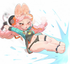 angry anthro barefoot blush bodily_fluids braided_hair breasts clothing feet female fur hair navel open_mouth pink_body pink_fur pink_hair red_eyes shortstack shortstack_female simple_background solo sweat sweatdrop underwear white_background user_cpsf8285 mihoyo zenless_zone_zero zhao_(zenless_zone_zero) lagomorph leporid mammal rabbit 2025 absurd_res hi_res