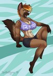 2018 abstract_background anthro athletic athletic_female big_breasts breasts brown_body brown_fur clothed clothing dated eyelashes facial_spots fangs female freckled_legs freckled_thighs freckles freckles_on_shoulders fur glistening glistening_eyes hi_res hyena mammal markings nalo_okoye open_mouth open_smile red_tongue signature sitting smile solo spots spotted_arms spotted_face spotted_legs spotted_markings spotted_tail tail tail_markings tan_body tan_fur teeth tiggybloom tongue yellow_eyes