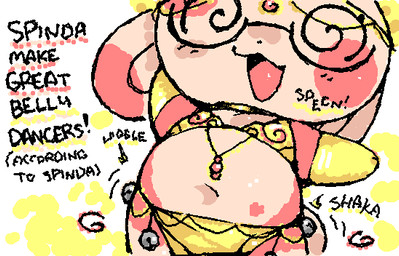 ambiguous_anthro ambiguous_gender anthro belly_dancer belly_dancer_outfit black_text bottomwear chibi clothed clothed_ambiguous clothed_anthro clothing exclamation_point eyewear featureless_hands glasses half-rim_glasses handwear loincloth motion_lines multicolored_body navel open_mouth solo spiral spiral_eyes squigglevision tan_body text topwear unusual_eyes wearing_glasses yellow_clothing yellow_handwear ligma_(artist) nintendo pokemon generation_3_pokemon pokemon_(species) spinda 2026 animated digital_media_(artwork) english_text handwritten_text wigglypaint_(artwork)