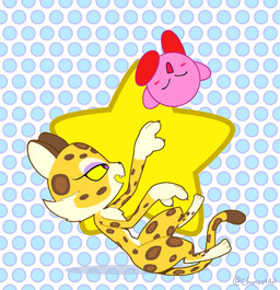 anthro blush blush_stickers brown_body brown_fur cheek_tuft countershading duo eyelashes eyes_closed eyeshadow facial_tuft fangs female fur makeup male markings open_mouth pattern_background pink_body playing purple_eyes purple_eyeshadow simple_background spots spotted_body spotted_fur star teeth thick_thighs tuft white_body white_fur wide_hips yellow_body yellow_fur yellow_sclera chonzo kirby_(series) kirby_and_the_forgotten_land nintendo clawroline kirby felid leopard mammal pantherine waddling_head hi_res