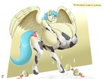 2018 absurd_res animal_print anthro armwear badgerben big_breasts biped blue_hair bodily_fluids breast_expansion breasts clothing cow_print cutie_mark elbow_gloves english_text equid equine expansion female footwear gloves hair handwear hasbro hi_res holding_breast huge_breasts hyper hyper_breasts hyperstorm_h lactating lactating_through_clothing legwear looking_at_breasts looking_at_own_breasts looking_at_self mammal mercury_drop_(oc) milk milk_on_ground my_little_pony mythological_creature mythological_equine mythology nipple_outline pegasus potion_bottle purple_eyes socks solo speech_bubble text thigh_highs thigh_socks wet wet_clothing wings yellow_body yellow_speech_bubble