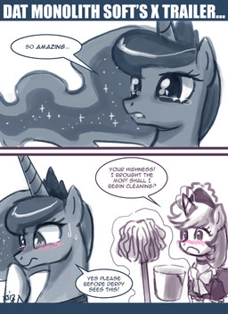 blush bodily_fluids bucket cleaning_tool clothing container dialogue duo female feral hair horn long_hair maid_uniform mop tears text uniform john_joseco friendship_is_magic hasbro my_little_pony mythology princess_luna_(mlp) equid equine mammal mythological_creature mythological_equine unicorn english_text
