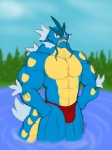 anthro anthrofied blue_body bulge clothed clothing looking_at_viewer male muscular muscular_anthro muscular_male pokemorph red_clothing red_eyes red_speedo red_swimwear skimpy solo speedo swimwear tail water caseyljones nintendo pokemon generation_1_pokemon gyarados pokemon_(species) 2010