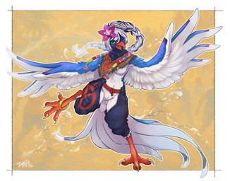 anklet anthro beak belt blue_body blue_feathers braided_hair breasts claws clothing crotch_tuft crotchless_clothing dancing feathers featureless_breasts featureless_crotch feet female flowing_tail green_eyes hair happy ineffective_clothing jewelry midriff non-mammal_breasts on_one_leg one_eye_closed open_mouth poncho ponytail simple_background small_waist smile solo standing tail tail_feathers talons toe_claws toes tuft white_body white_feathers white_hair wide_hips winged_arms wings wink ingi cissa_(idorrth) avian bird corvid magpie_(corvid) oscine passerine 2025 digital_media_(artwork) full-length_portrait hi_res portrait