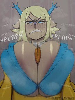 annoyed anthro antlers areola big_breasts big_penis blonde_hair blue_clothing blue_eyes blue_topwear blush bodily_fluids breast_grab breast_play breasts clothing duo engulfing_titfuck female gem genitals hair hand_on_breast horn huge_breasts jewelry necklace pearl_(gem) pearl_necklace penis sex sweat titfuck topwear yellow_body yellow_skin thenewhenryart deltarune undertale_(series) carol_holiday deer mammal 3:4 hi_res signature
