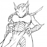 anthro armor bottomwear breasts clothed clothing female hand_on_hip loincloth looking_down low-angle_view non-mammal_breasts skimpy skirt solo upskirt worm's-eye_view sildre dungeons_and_dragons hasbro wizards_of_the_coast dragonborn_(dnd) 1:1 line_art monochrome