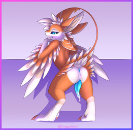 animal_genitalia anthro anus bedroom_eyes biped blue_eyes blush bodily_fluids butt claws cum cum_drip dripping erection feathers fur genital_fluids genital_slit genitals grin looking_at_viewer looking_back looking_back_at_viewer male multi_ear narrowed_eyes nude orange_body orange_fur paws penis presenting presenting_hindquarters raised_tail rear_view seductive simple_background slim smile smiling_at_viewer smirk solo sparkles standing tail tapering_penis white_body white_fur draggyavali draggy_(draggysmut) avali digital_drawing_(artwork) digital_media_(artwork) hi_res signature