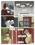 anthro antlers building canid canine canis clothed clothing comic computer deer dialogue electronics english_text eyewear facial_hair forest glasses hi_res horn leo_(nardodraws) male mammal moose mustelid nardodraws new_world_deer otter plant rodney_(nardodraws) text thought_bubble tree wolf